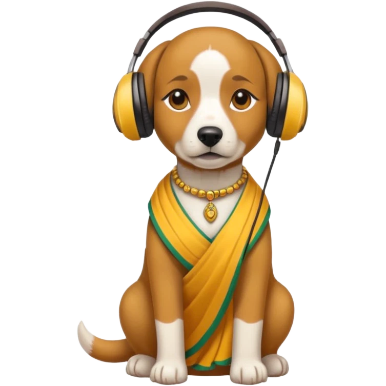 dog, saree dress with headphone, yellow emoji
