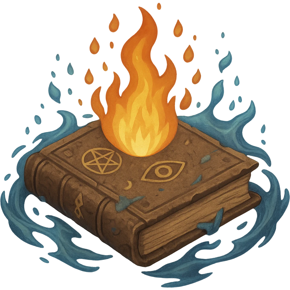 Make the magical elemental book look ancient, with worn covers, faded colors, and mystical symbols, in the style of apple emojis. Remove the background. emoji