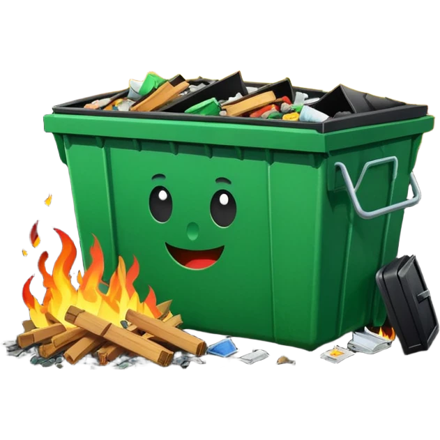 Bright green happy dumpster with an open black lid and a large fire burning only inside it. there is litter and trash on the ground around it not burning emoji