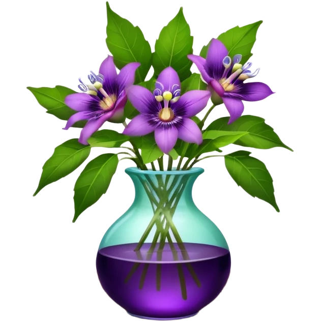 Still life, small size translucent glass vase full of vivid and bold hyperrealistic purple passion flowers, green leaves. Sitting on an antique wooden dark color table  emoji