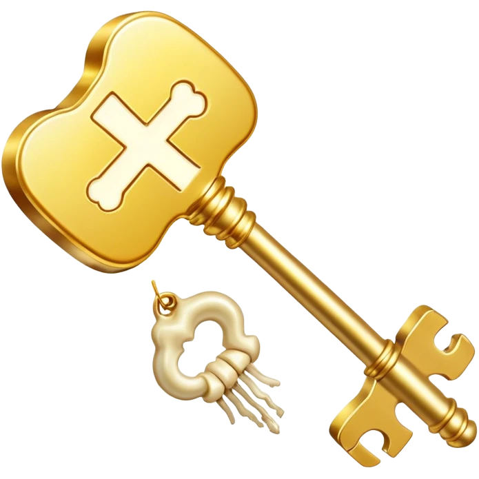 Radiant vitamin K2 appearing as a bright golden key next to a bone that glows with a magical light. The key and bone are connected by shimmering particles, showing how K2 unlocks bone strength and health. emoji