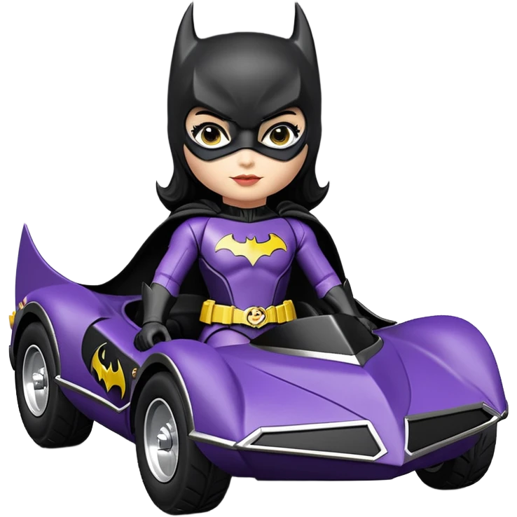 scale racing sexy fitted Batgirl’s buxom heroically armored midnight-colored tight outfit 1970’s tv style dark knight stealthy accurate sporty safe plush deluxe off-road pursuit drifting F1 town car (black hair, shoulders back against seat) rally vehicle  emoji