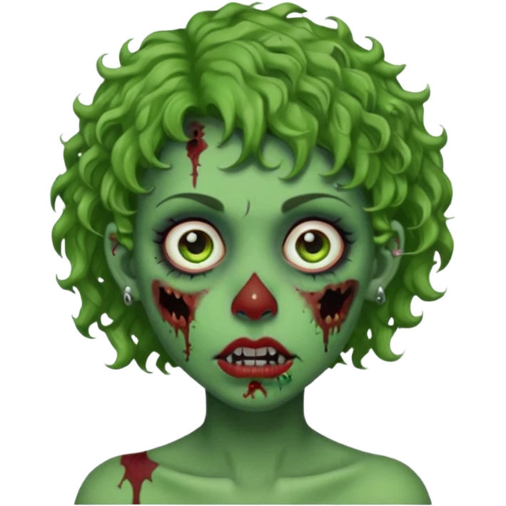 faça uma cabeça verde de zumbi femenina, com im cabelo curtinho cacheado, piercing no nariz, e brincos na orelha emoji