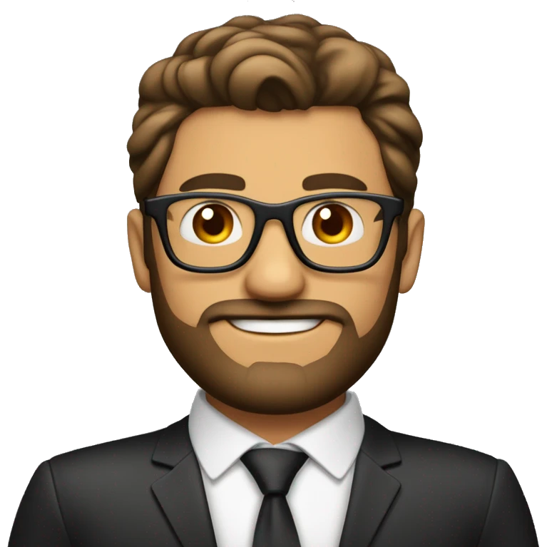 Hombre de 30 años con gafas y barba abierta con cabello negro y ojos color cafe con traje emoji