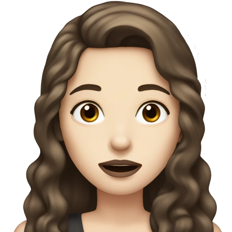 a girl with long brown hair, hazel eyes, pale skin, dark lips, singing into a microphone emoji