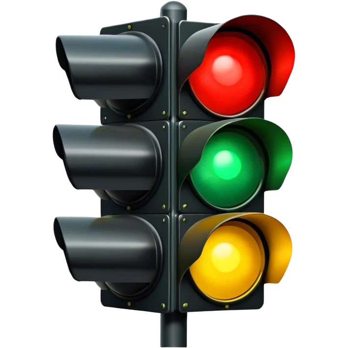 Traffic signal with green light illuminated. Top light red and dark. Middle light is yellow and dark. Bottom light is green and bright emoji