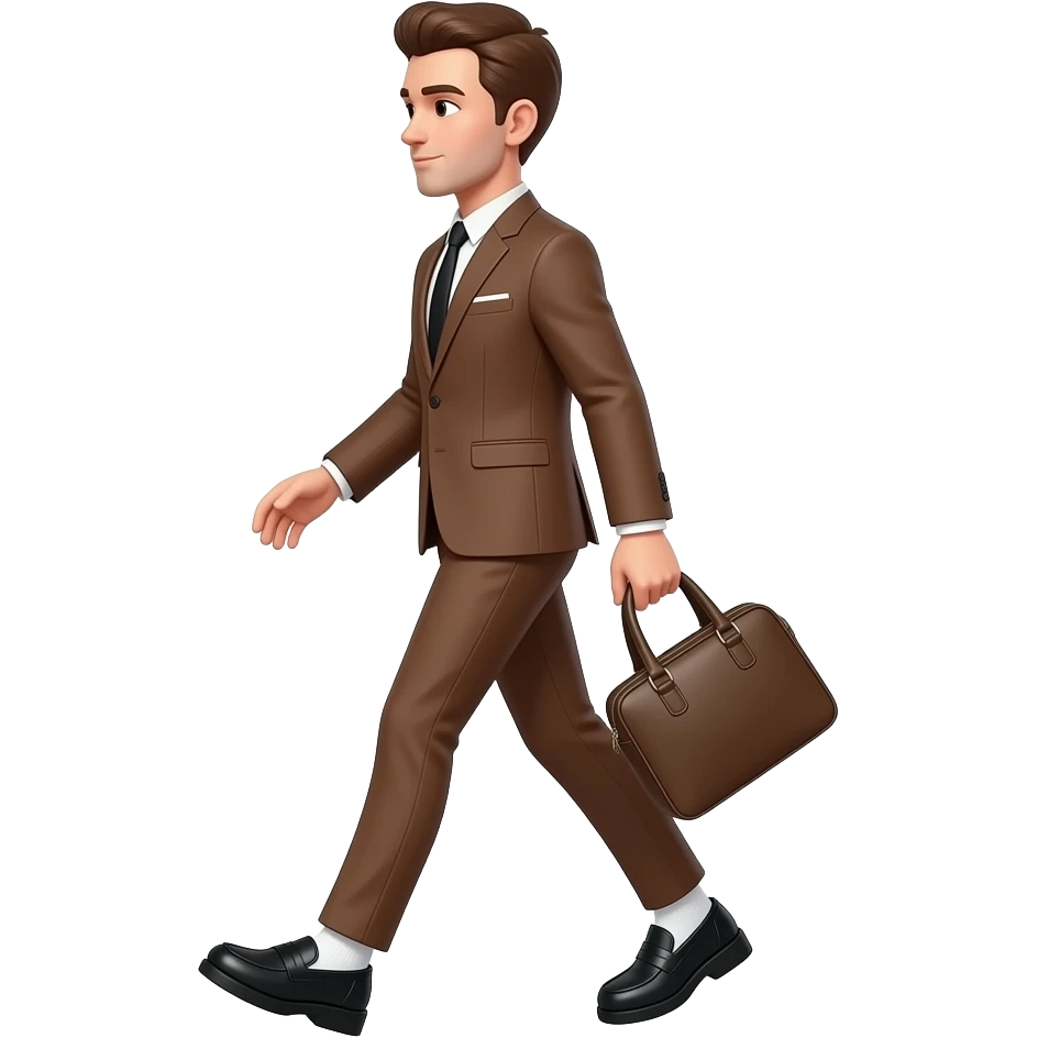 showing in image a man walking with a brown suit and skinny pants, and a platform loafers black, and she's carrying a bag and a white socks. emoji