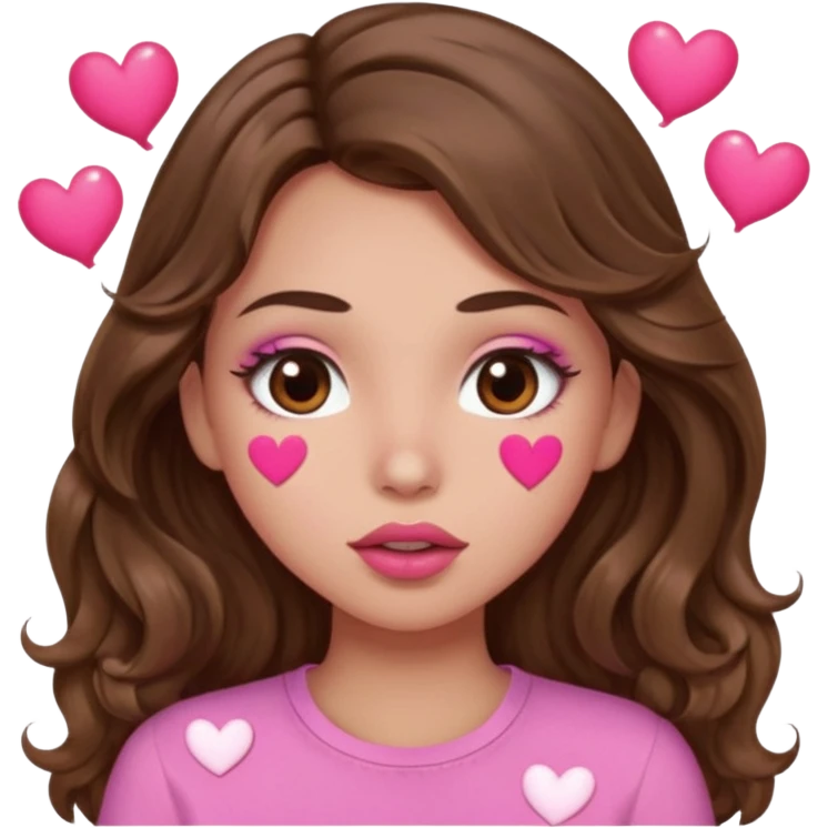 girl with long wavy brown hair, brown eyes, light to medium complexion, in a pink shirt, pink lips, long lashes, puckering lips kissing, blushing with hearts emoji