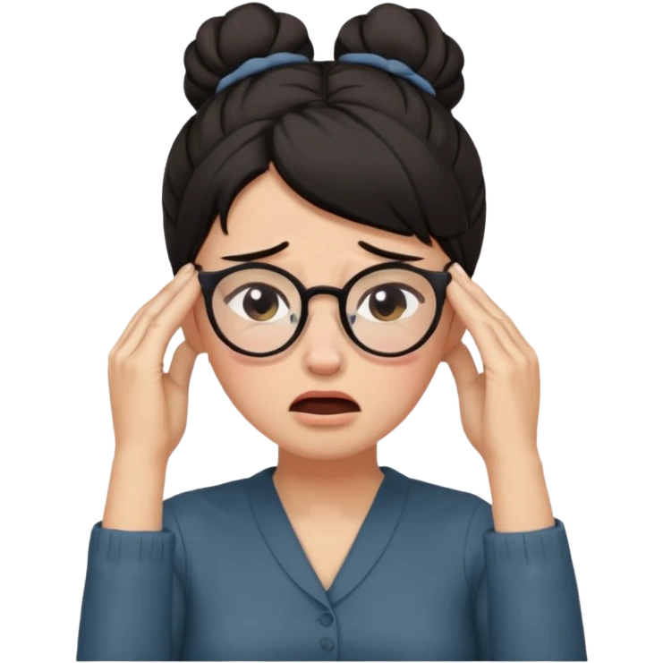 dark haired woma with hair a high bun, wearing glasses covering ears and crying emoji