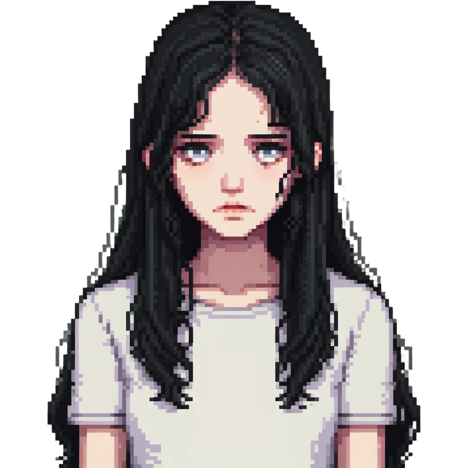 pale girl with long black hair, sad expression emoji