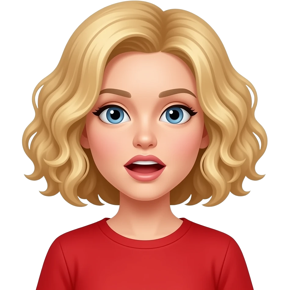 blonde curly bob saying no in a red shirt emoji