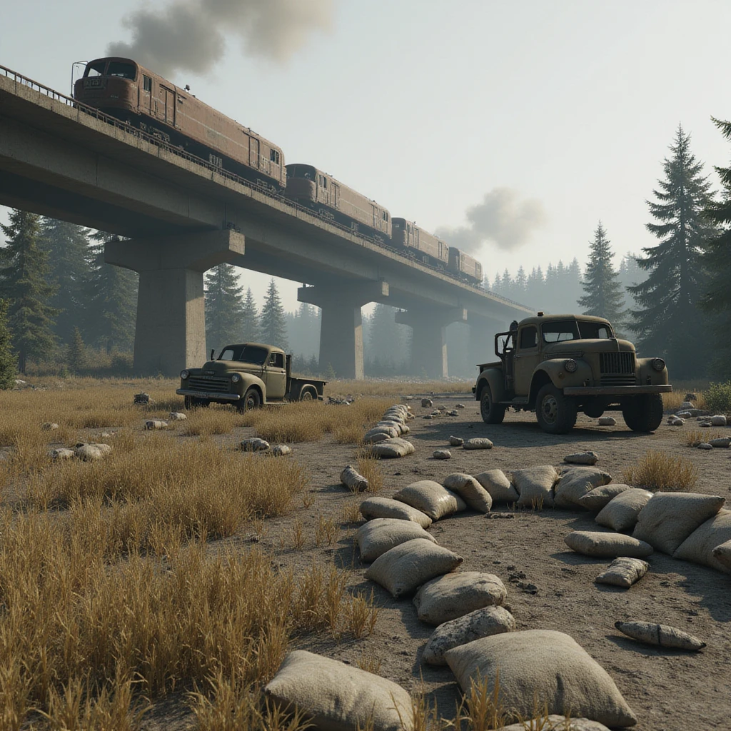  a screenshot of a location in a videogame  the image of the scene consists of:  [above-ground train freeway partially collapsed], a wooded area, a small field of wheat, sandbag barricades. distant smoke. uneven terrain, derelict vintage work trucks, more distant smoke. polluted and war-torn emoji