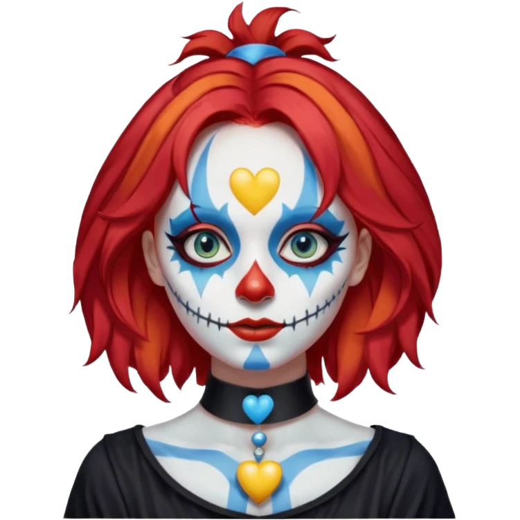 wendy thomas  the clown from gta rp nopixel she has a blue sun covering right eye with three yellow lines below her right eye and above her left eye this is her clown makeup . she has long bright red hair and light blue eyes with ablack heart choker and black bunny ears. with a skeleton shirt emoji