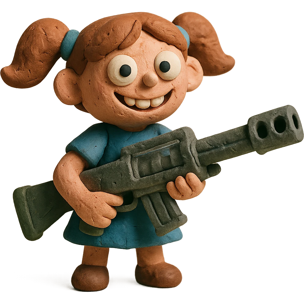 funny, positive stalker girl named Businka with a huge machine gun emoji