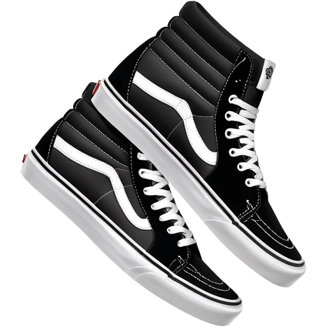 Black Vans Sk8-Hi high top shoes arranged as a pair with one slightly behind the other, classic black with white jazz stripe and white sole emoji
