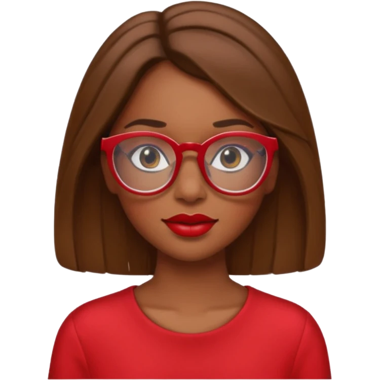 It creates a girl with brown skin, hair a little below her shoulders, just a little, pretty clear glasses, wearing red clothes and red lipstick. emoji