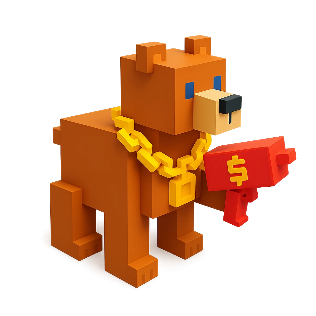 A grizzly bear with a chain and a money gun, facing right emoji