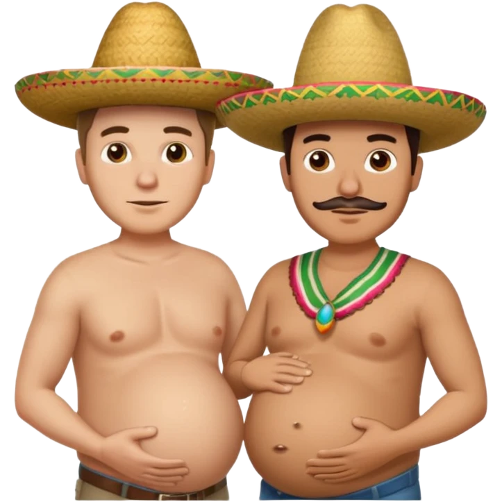 two men standing besides each other. 1 man is white, and the other man is mexican wearing a sombrero and pregnant, holding his belly.  emoji