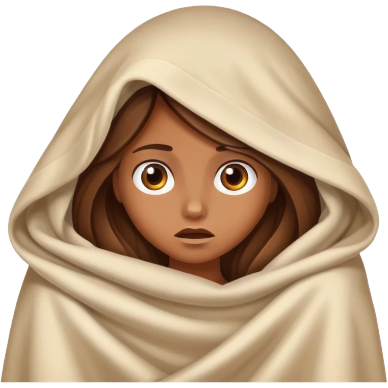 a tanned girl with brown long hair hid under the blanket in fear emoji