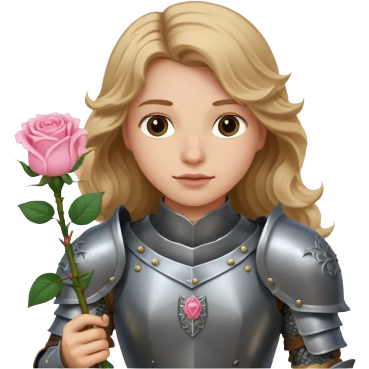 A knight in armor with long wavy dark blonde hair holding a light pink rose  emoji