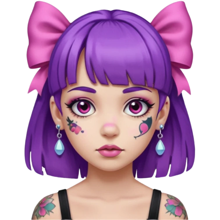 girl with bangs and purple hair and pink hairbow on the side of head and earrings and heavy face tattoos emoji
