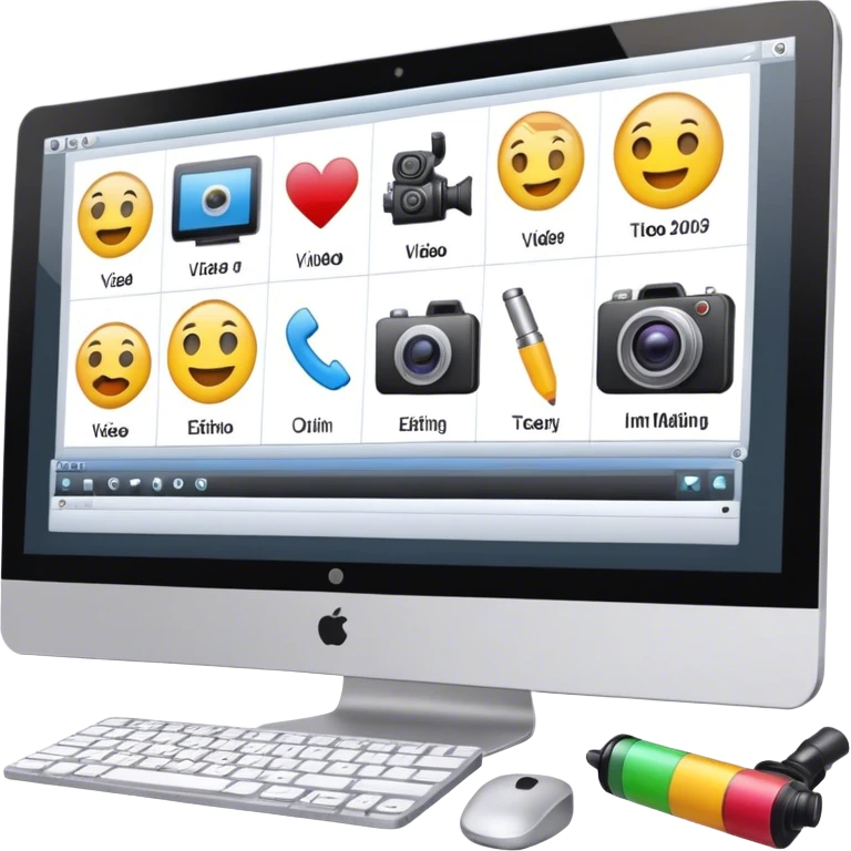 Create an emoji of video editing. Should feature a video editing timeline or interface on a computer screen, showing clips and a playhead. Include a video camera and editing tools. No fucking smiley faces. Make the background transparent. emoji