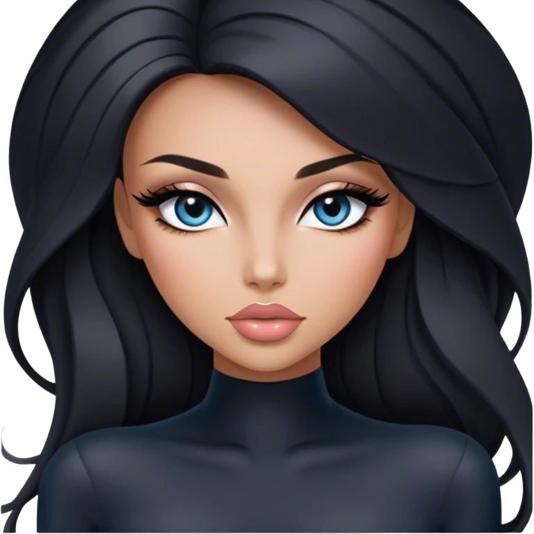 Glamours, tanned, very beautiful girl, with big pump peach-beige-rose lips, long long lashes, black straight smooth silky long hair, straight parting hair, blue-grey eyes in black long-sleeves bodysuit emoji