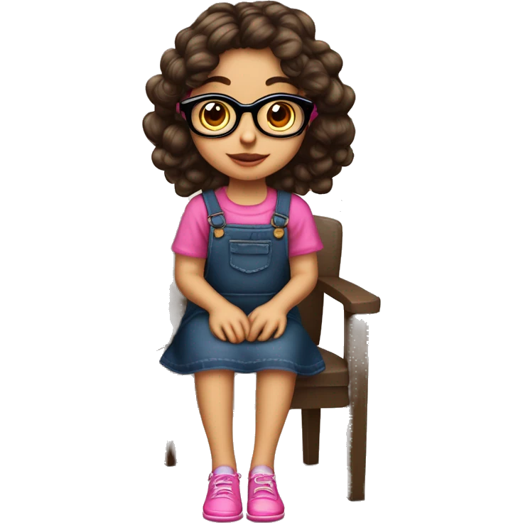Niña alegre, de cabello castaño oscuro largo, lentes rosados, ojos cafés oscuros mandil de colores con moño rosado en silla de ruedas  emoji