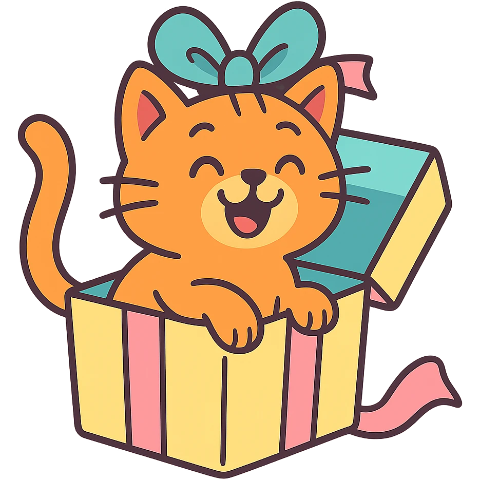cat inside a gift box with a ribbon on head, smiling, pastel-toon style emoji