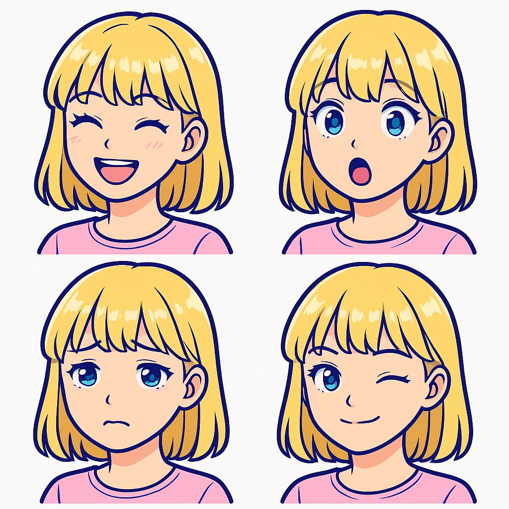 Create four different facial expressions: happy, surprised, sad, and winking. Keep the character with blonde hair with bangs, wearing a pink blouse, and having blue eyes. The style should resemble sticker style as closely as possible. emoji