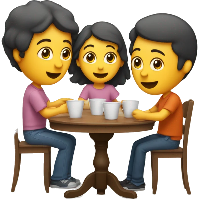 An emoji of a family—mother, father, and child—sitting at a table, playing a cup game with paper cups arranged on the table as they have fun together emoji