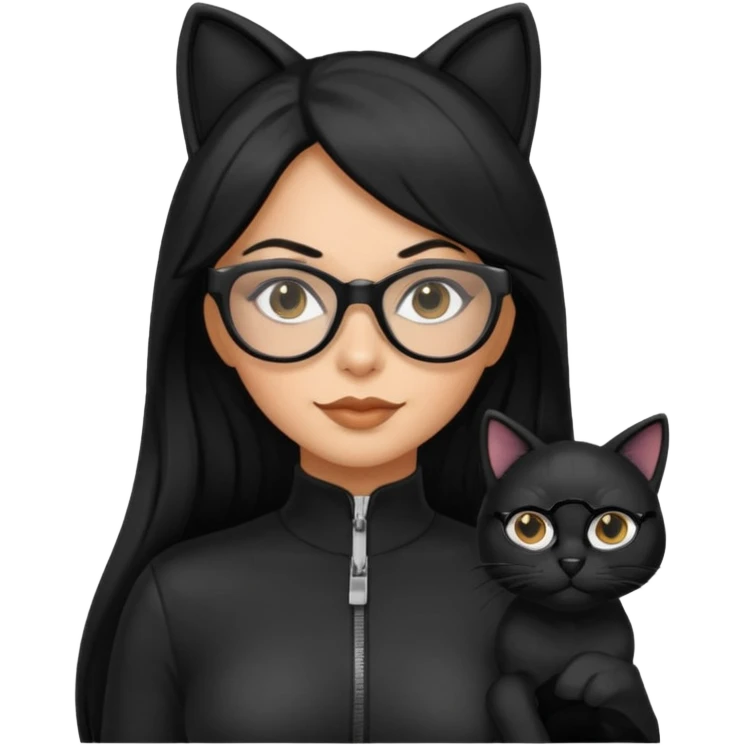 Hispanic woman with long silky hair and glasses in a cat suit emoji