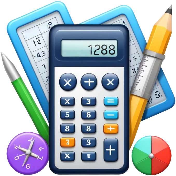 An icon featuring mathematical formulas, a calculator, and geometric shapes, symbolizing mathematics. The design includes numbers, a ruler, and a compass, representing the study of numbers, logic, and equations. Transparent background highlights the science of calculation and analysis emoji