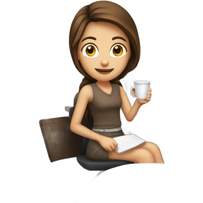 girl with brown hair sitting at computer with cup of coffee emoji