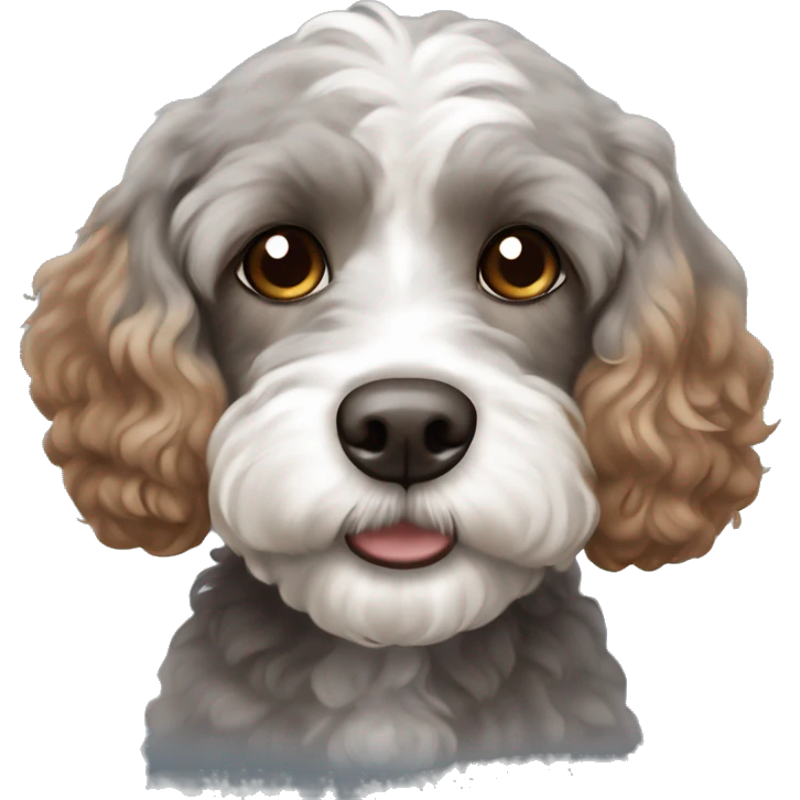 Grey and white cute cavapoo with brown eyes and brown hair around the nose emoji