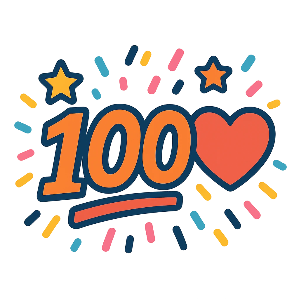 '100' with a heart and confetti in vibrant toon style emoji