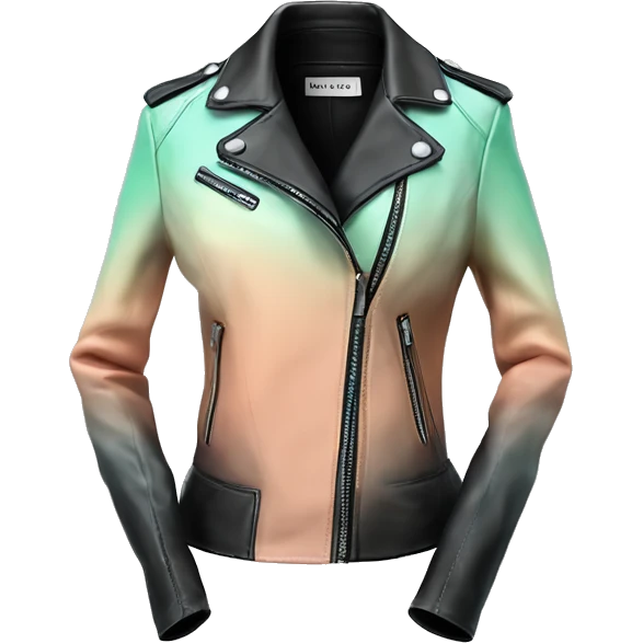 Hyper Realistic isolated side view of an open black,peach,pastel green,pastel blue ombre feminine fashion leather jacket.  emoji