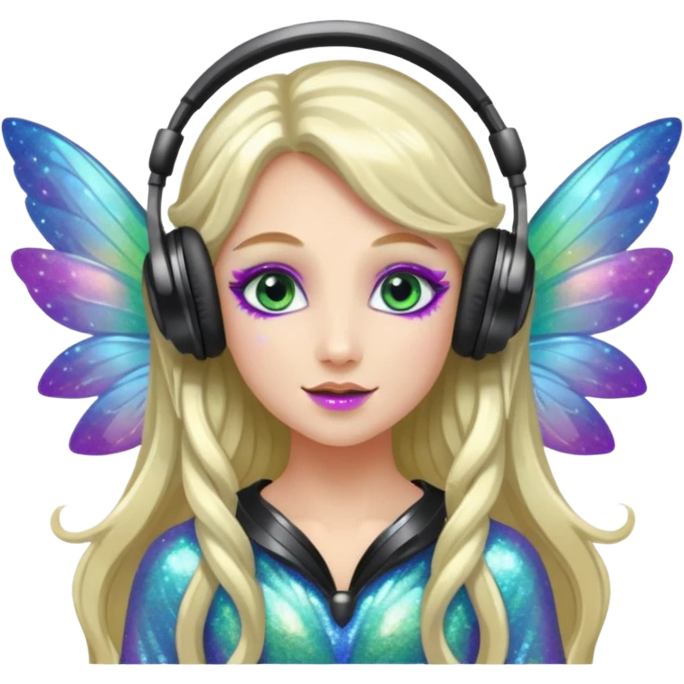 long haired make glitter makeup fairy wearing headpones wing wings
 emoji