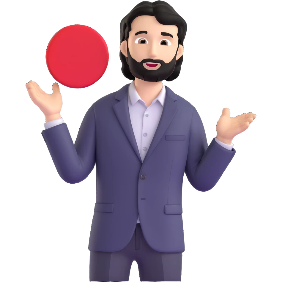 Business strategist with black wavy hair, stubble, chiseled face, wearing blazer and button-up shirt, giving an inspirational TED-style talk about innovation on a minimalist stage with red circle, dynamic speaking pose emoji