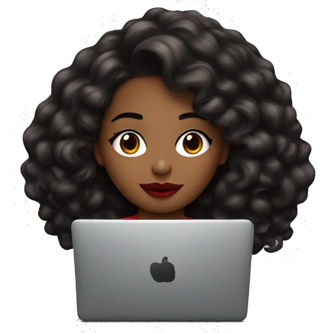 una chica de cabello negro mediano con labial rojo y ojos marrones con una laptop emoji