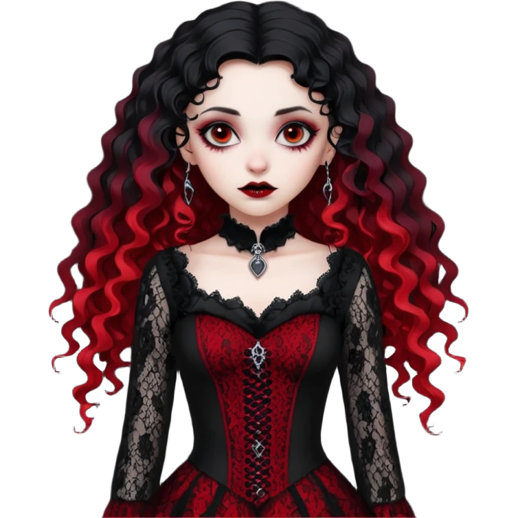 A girl with a red goth vampire look in a black and red goth lace dress with long sleeves and long black curly hair bold look on her face emoji
