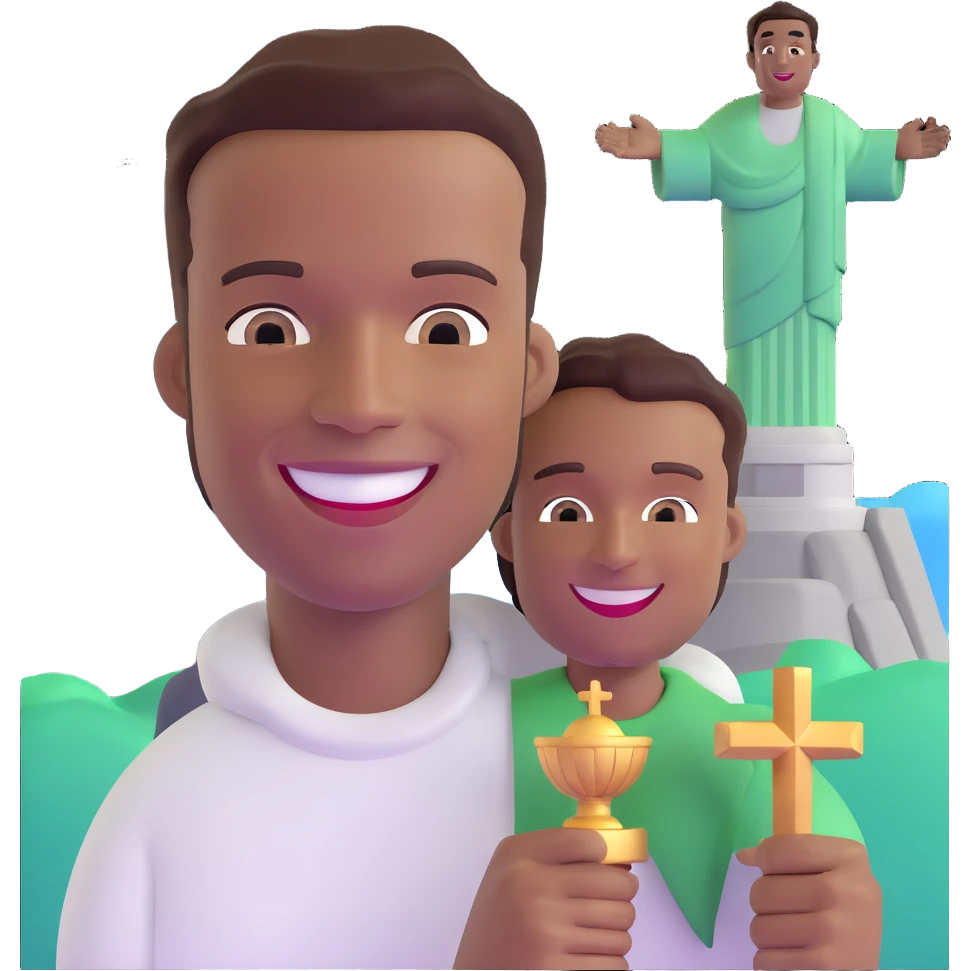 smiling black man with big teeth, standard male haircut, oval face, with Christ the Redeemer statue in the background, Rio de Janeiro, no glasses emoji