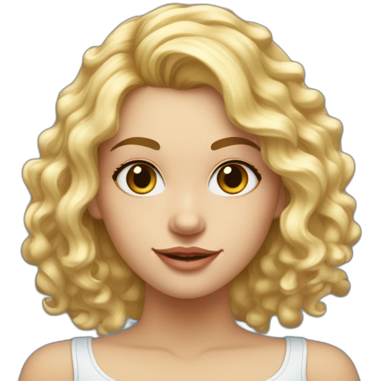 Fille blonde ,cheveux bouclé détaché et pas coiffé  long jusque au millieu du dos et volumineux,teint blanc , yeux bleu visage un peu carré emoji