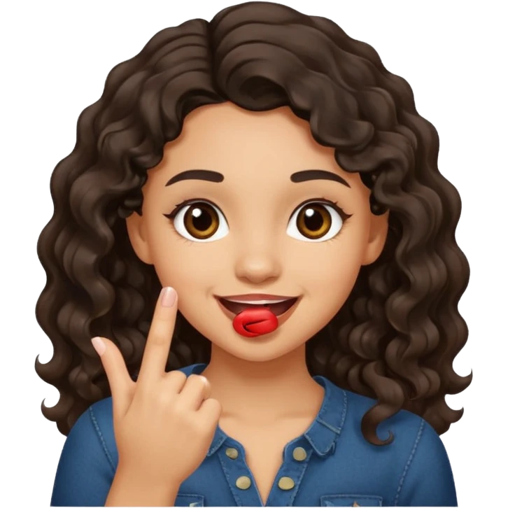a light skin girl w black slight brown really tall wavy hair biting one fingering and smiling (in a flirty way) with big brown pretty eyes , make sure shes biting the finger, and the hair is wavy not curly emoji