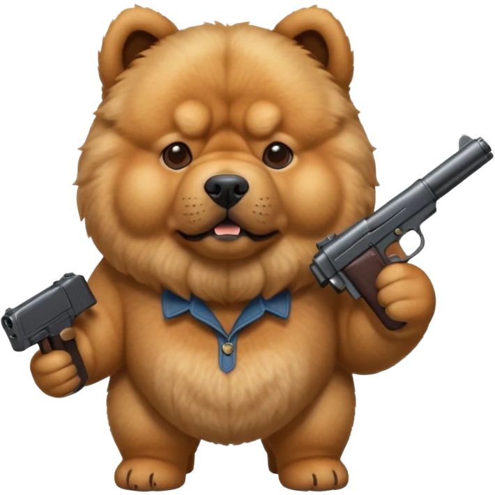 Funny realistic-style chow chow dog with light fur standing on its hind legs and holding a gun menacingly emoji