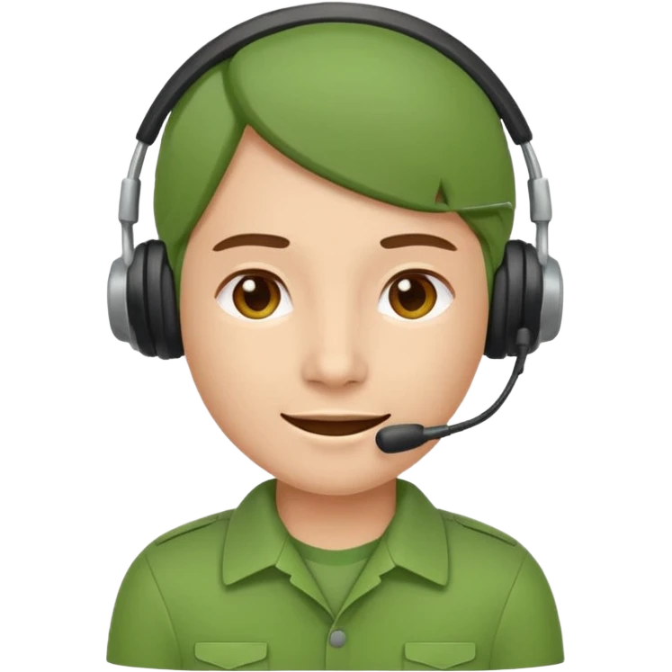 Modern flat emoji of a call center employee in a green uniform with a headset, friendly expression, minimalist design, bright colors, white or transparent background. emoji