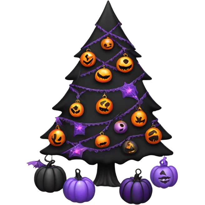 A black Christmas tree with Halloween themed decor emoji