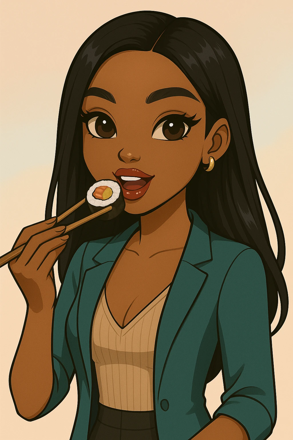 Change her pose to eating sushi with chopsticks, headshot only, 20-year-old anime Bratz style woman with dark skin, straight hair, trendy outfit, big expressive eyes, glossy lips, no hat, no tears, happy expression, both eyes open, looking straight ahead. emoji