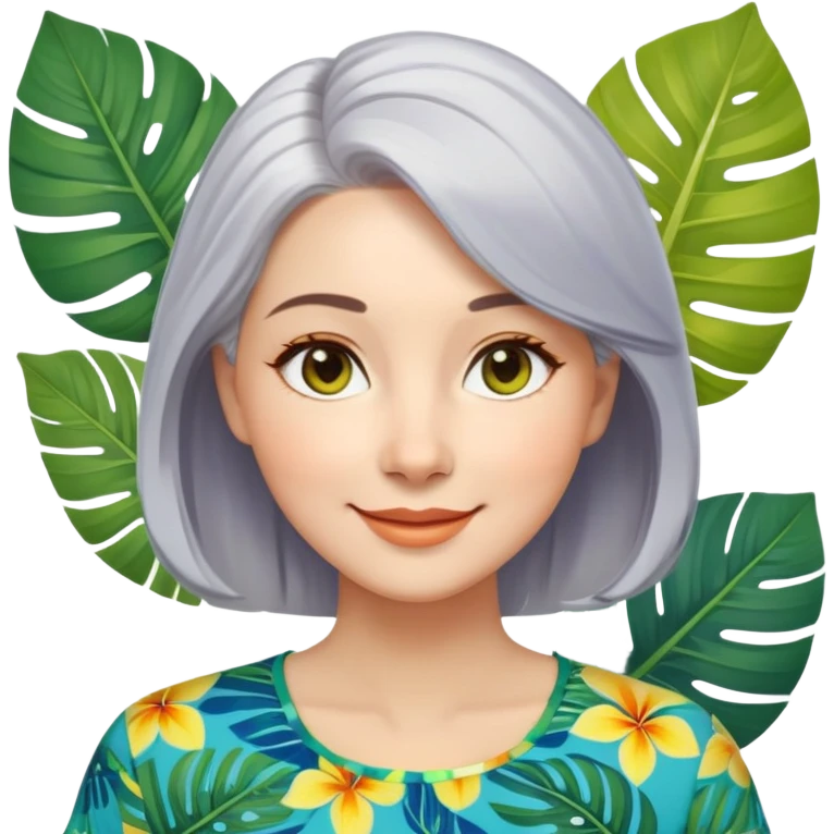 A woman with light complexion, oval face with soft rounded features, full cheeks, gentle almond-shaped eyes with subtle smile lines, silver-gray hair parted to the side, wearing a vibrant short-sleeved blouse with tropical leaf print in blue, green, and yellow, exuding warmth and joy. emoji