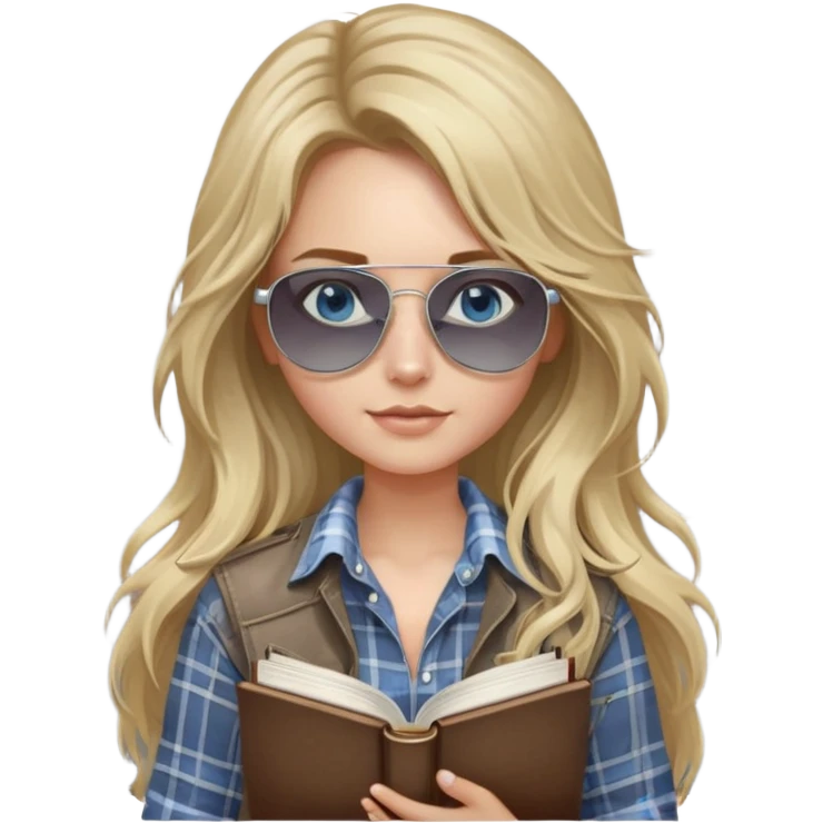 girl with long blond messy hair wearing grey plaid shirt with blue eyes and aviator sunglasses wearing a ring on her silver necklace, holding law books emoji